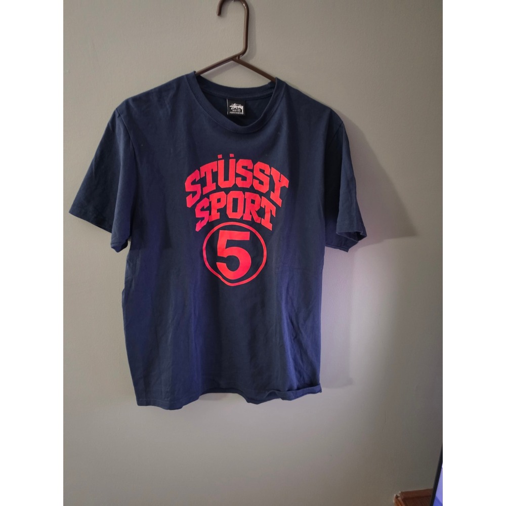 Stussy Sport 5 Graphic T-Shirt Mens Medium Navy Blue Red Logo Crewneck Tee